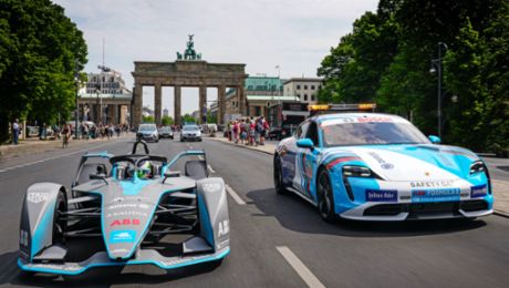 The Formula E Porsche safety car in the streets of Berlin