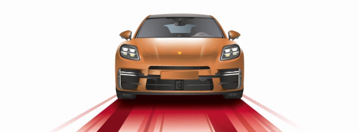 Illustration of a Porsche driving on a straight line with streaks of red light behind it.