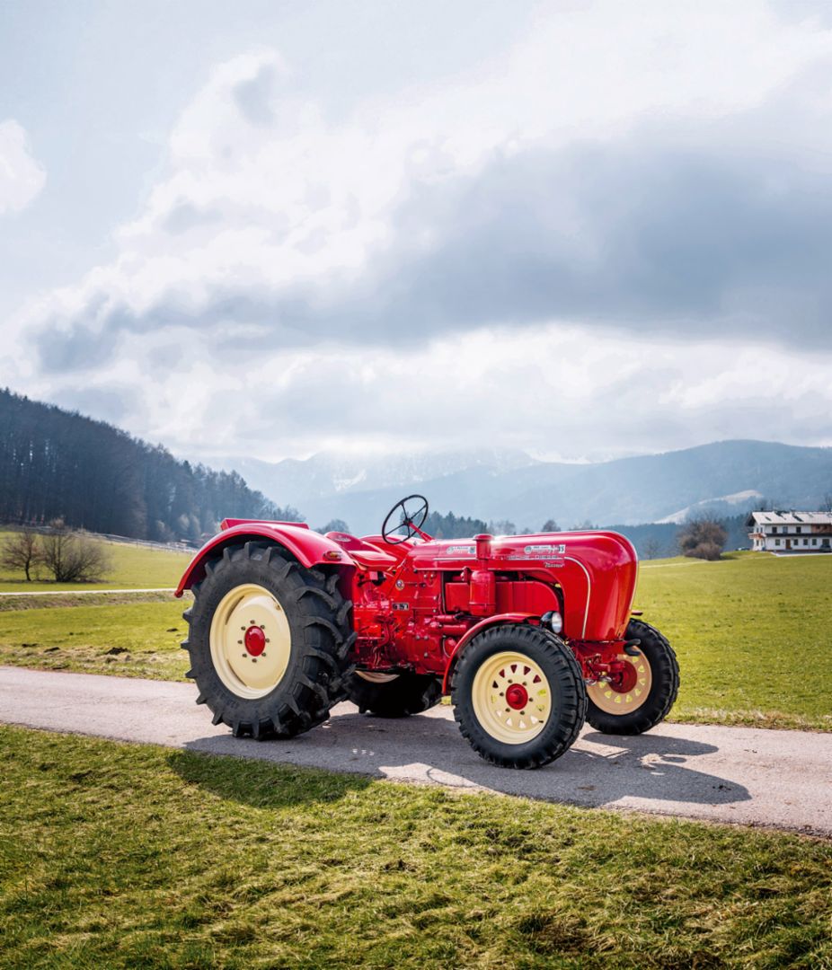 Ein roter Traktor steht auf einem Feldweg vor einer Bergkulisse unter bewölktem Himmel.