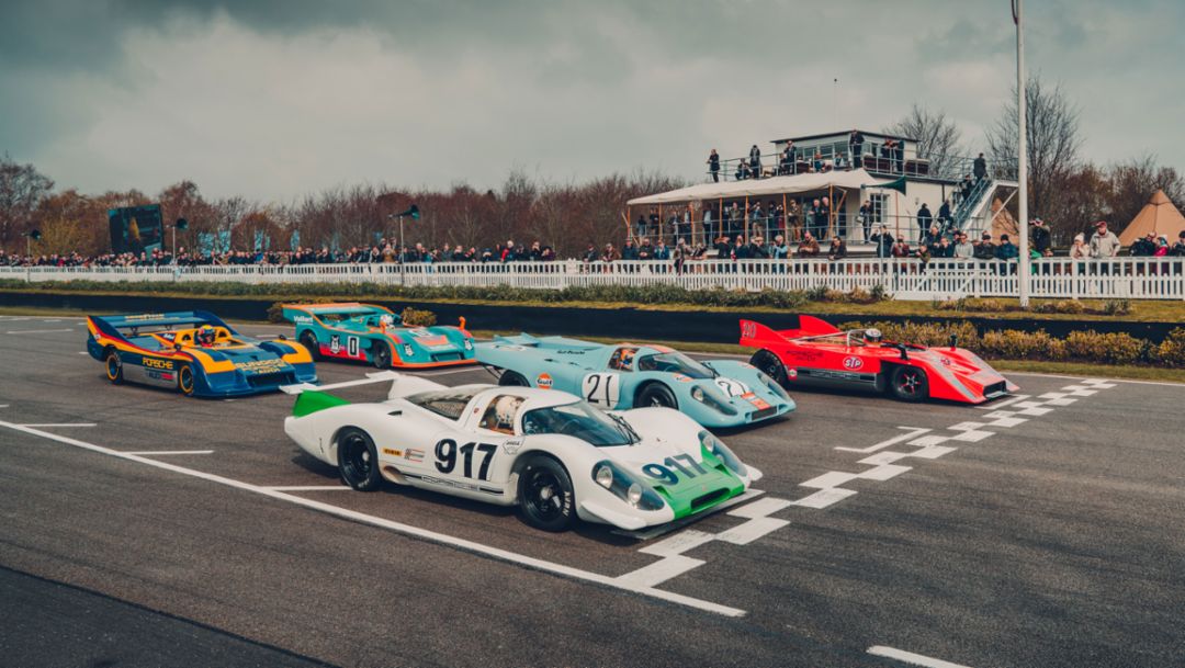 917-001 (1969), 917 KH (1971, Gulf), 917/10 (1971, red), 917/30 Spyder (1973, Sunoco), 917/30-001 (1972, Vaillant), 77th Goodwood Members Meeting, Great Britain, 2019, Porsche AG