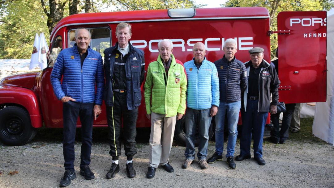(l-r) Hans-Joachim Stuck, Walter Röhrl, Eberhard Mahle, Rudi Lins, Bernd Ostmann, Herbert Linge,  Rossfeld Rally, Berchtesgaden, 2016, Porsche AG