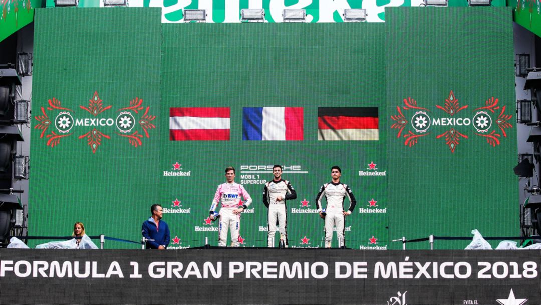 Michael Ammermüller, Julien Andlauer und Thomas Preining, Porsche Mobil 1 Supercup, round 9, Mexico, 2018, Porsche AG