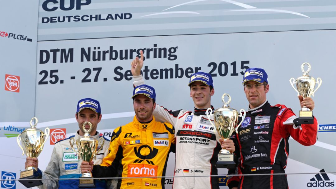 Rolf Ineichen, Philipp Eng, Sven Müller, Michael Ammermüller, l-r, Porsche Carrera Cup Deutschland, Nürburgring, 2015, Porsche AG
