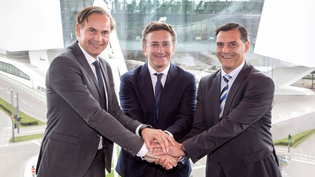 Oliver Blume, Chairman of the Executive Board of Dr. Ing. h.c. F. Porsche AG, Alejandro Agag, Founder & CEO of Formula E, Michael Steiner, Member of the Executive Board, Research and Development, l-r, Stuttgart, 2017, Porsche AG