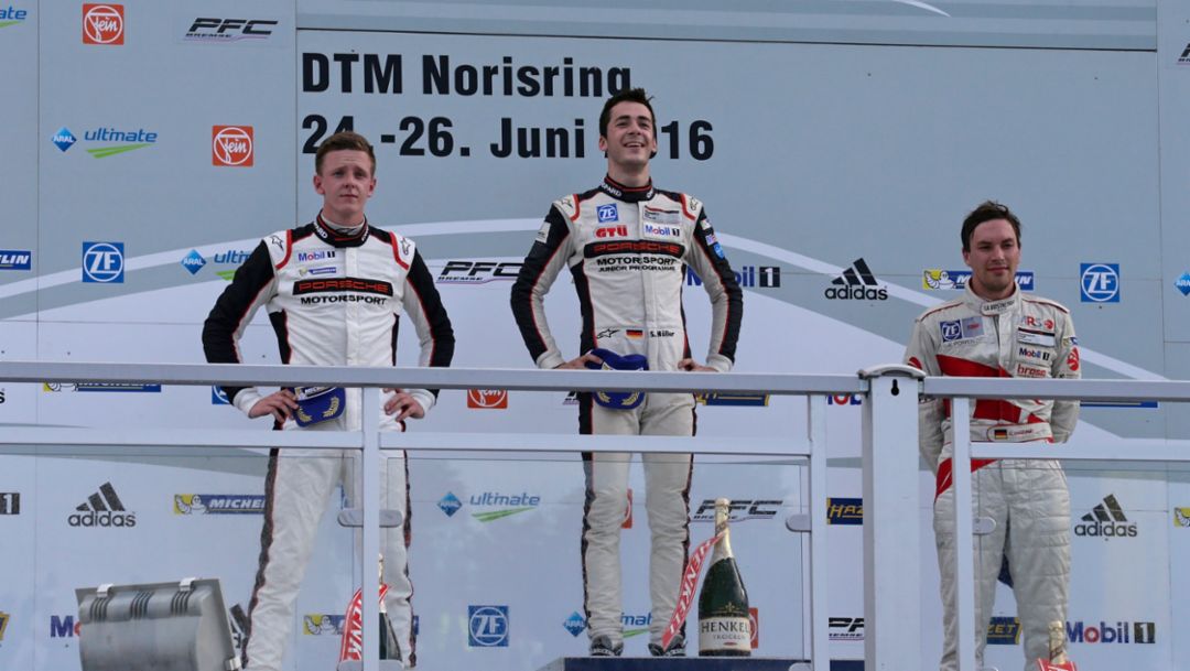Dennis Olsen, second place, Sven Müller, first place, Christian Engelhart, third place, l-r, Porsche Carrera Cup Deutschland, Race 9, Norisring, 2016, Porsche AG
