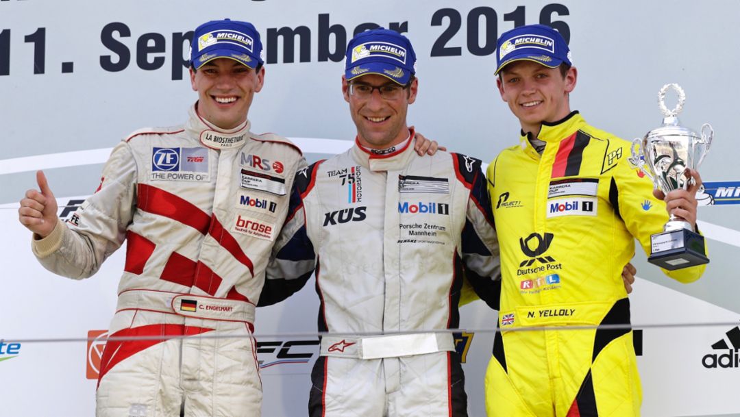 Christian Engelhart, Michael Ammermüller, Nick Yelloly, l-r, Porsche Carrera Cup Deutschland, Nürburgring, 2016, Porsche AG