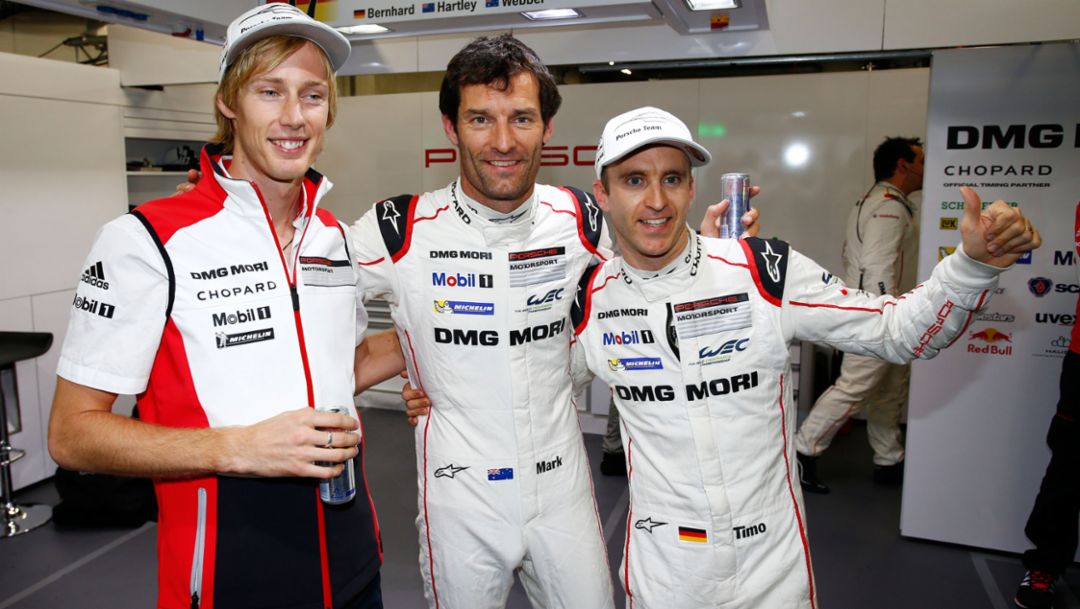 l-r Brendon Hartley, Mark Webber, Timo Bernhard, Porsche 919 Hybrid, FIA WEC Fuji/ Japan 2015, Porsche AG