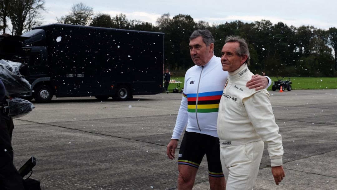 Eddy Merckx, ehemaliger Radsportprofi, Jacky Ickx, ehemaliger Porsche-Rennfahrer, 2015, Porsche AG