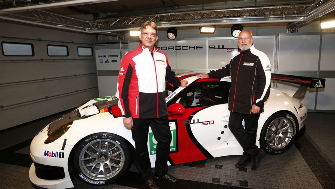Hartmut Kristen, Head Porsche motorsports (l.), Olaf Manthey, Team principal Porsche Team Manthey, 2014, Porsche AG