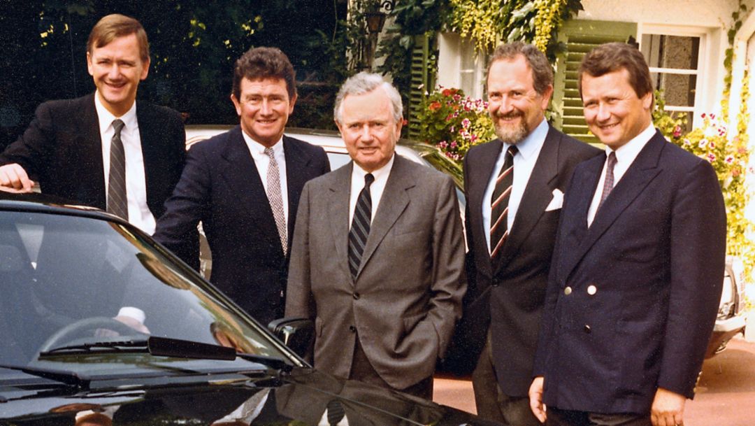Hans-Peter Porsche, Gerhard Porsche, Ferry Porsche, Ferdinand Alexander Porsche, Dr Wolfgang Porsche, l-r, Stuttgart, 1984, Porsche AG 