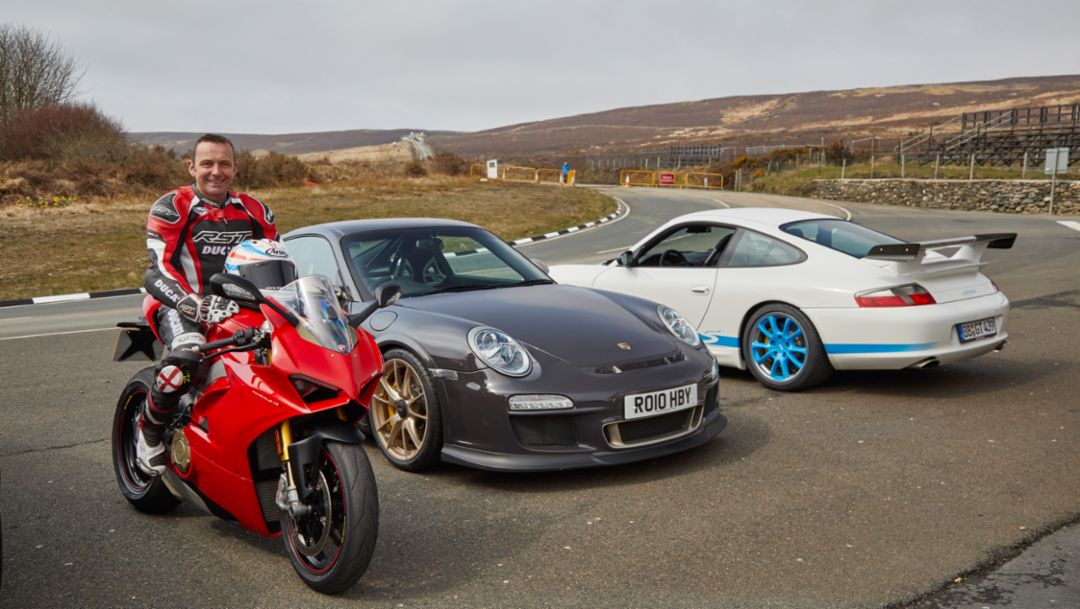 Steve Plater, racing driver, Andreas Preuninger, Director GT Model Line, Mark Higgins, three-time British Rally Champion, l-r, 911 GT3 RS, Isle of Man, 2018, Porsche AG