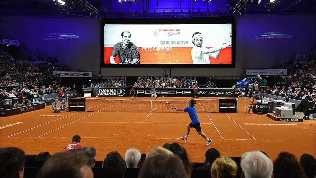 Pete Sampras, Carlos Moyá, l.-r., Tennisspieler, Porsche Tennis Grand Prix, Porsche-Arena Stuttgart, 2014, Porsche AG