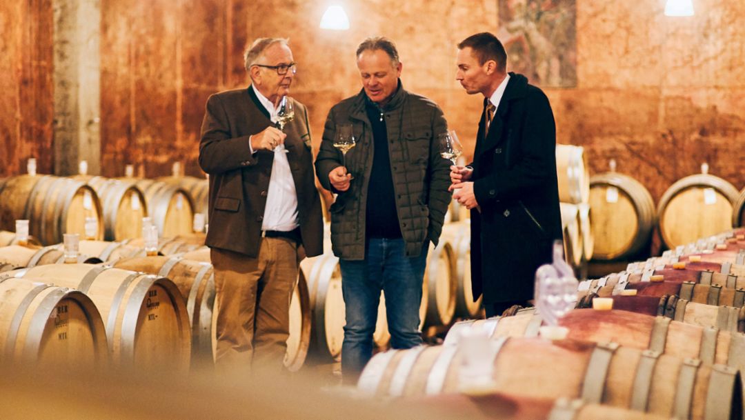 Alexander Baron von Essen, wine importer, Manfred Tement, vintner, Holger Schramm, sommelier, l-r, 2018, Porsche AG