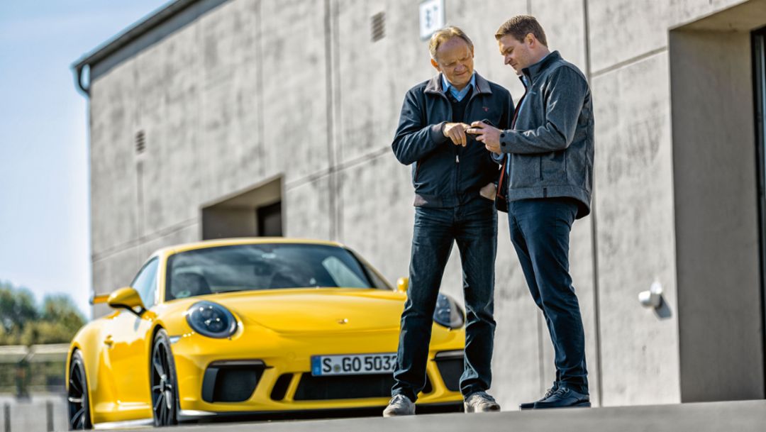 Horst von Saurma, Author, Eduard Schulz, app developer, l-r, Porsche Track Precision app, 2017, Porsche AG