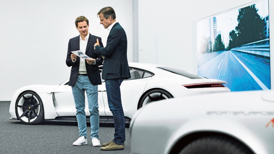Ivo van Hulten, head of interior design, Michael Maurer, Chief Designer, l-r, design center Weissach, 2017, Porsche AG