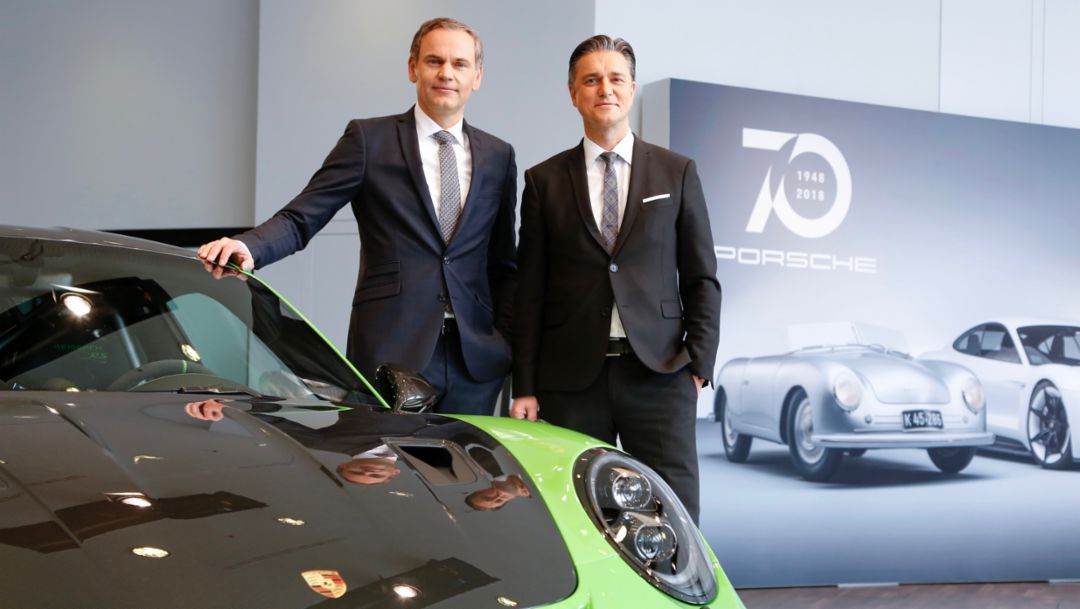 Oliver Blume, Chairman of the Executive Board of Porsche AG, Lutz Meschke, Deputy Chairman of the Executive Board and Member of the Executive Board for Finance and IT, l-r, 911 GT3 RS, Stuttgart-Zuffenhausen, 2018, Porsche AG