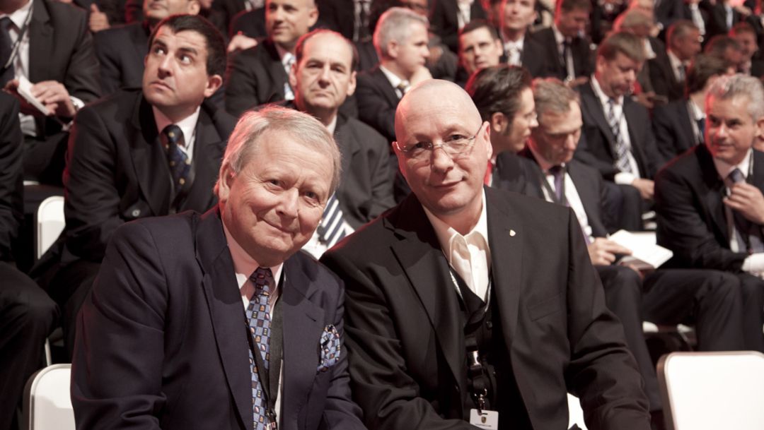 Wolfgang Porsche, Aufsichtsratsvorsitzender, Uwe Hück, Betriebsratsvorsitzender (l.-r.), 2015, Porsche AG