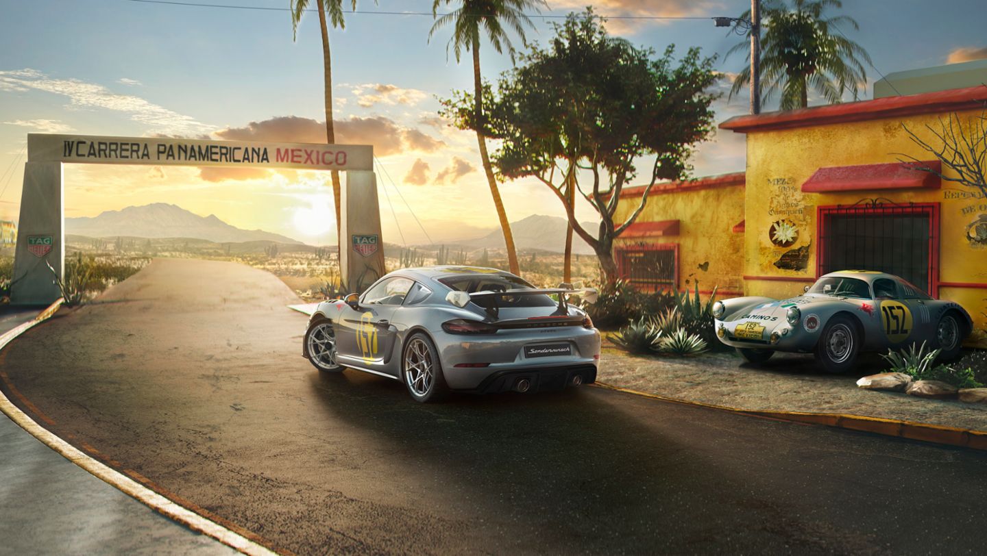 orsche 718 Cayman GT4 RS "TAG Heuer x Porsche, Leyendas de Panamericana, Porsche 550 Coupé, 2023, Porsche AG