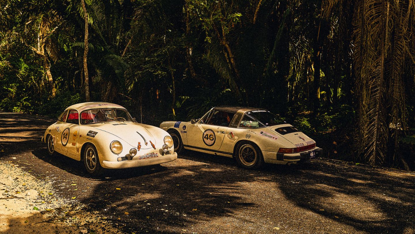 Porsche 356 A Coupé de 1957 (No. 14) y Porsche 911 de 1976 (No. 46), Rally Maya México 2025, Porsche de México, 2025