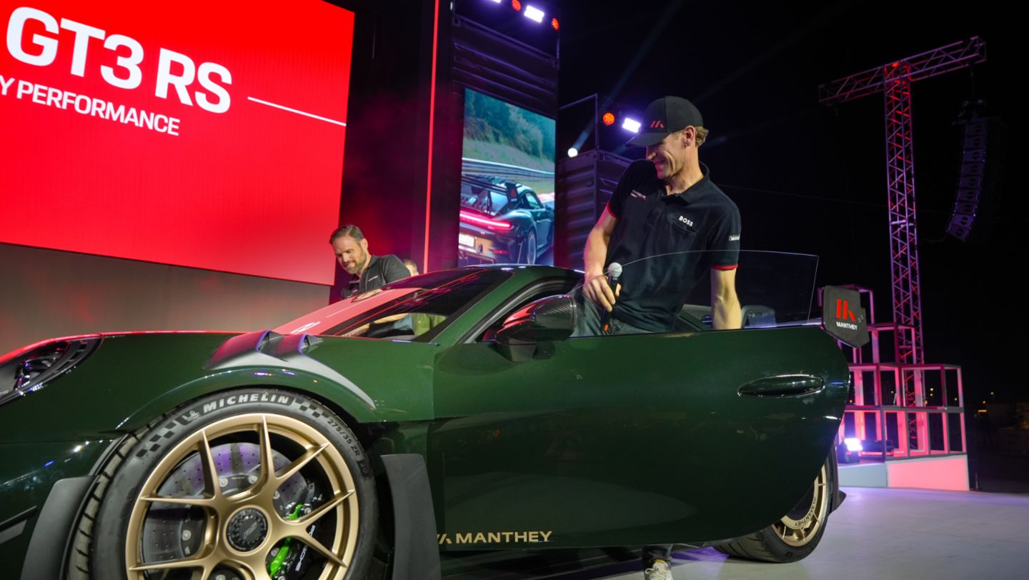 Porsche ambassador Jorg Bergmeister introduces the 911 GT3 RS Manthey kit at Icons of Porsche 2024 in Dubai