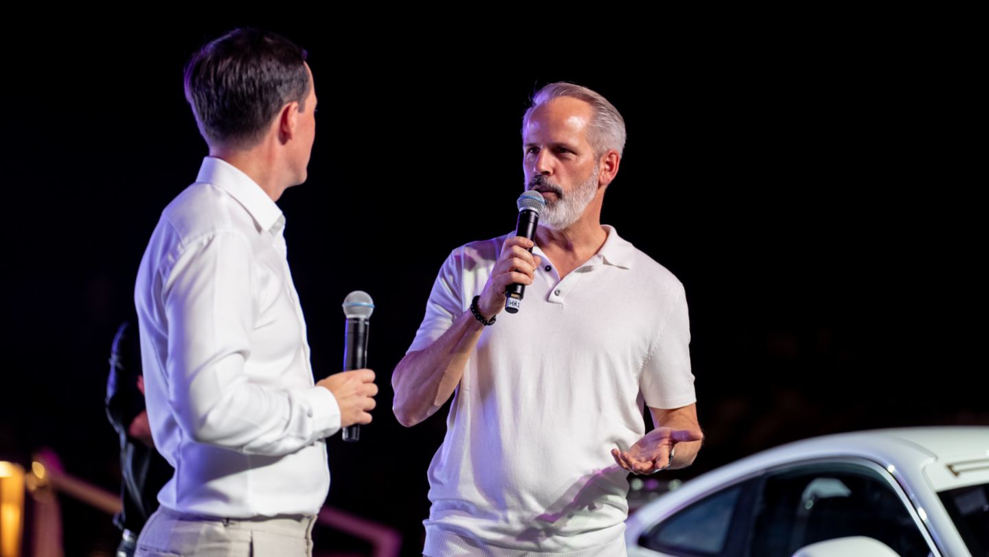 Chris Jordan, Event MC and Head of Public Relations, Porsche Middle East and Africa, Frank Moser, Vice President, 911 and 718, Porsche AG, Porsche Media Preview Night, Icons of Porsche, Dubai, 2025, Porsche Middle East