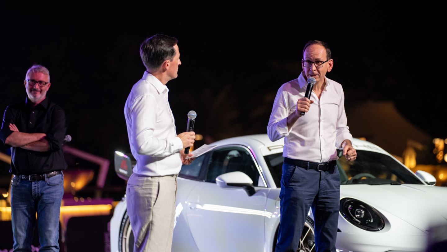Chris Jordan, Event MC and Head of Public Relations, Porsche Middle East and Africa, Alexander Fabig, Vice President, Individualisation and Classic, Porsche Media Preview Night, Icons of Porsche, Dubai, 2025, Porsche Middle East