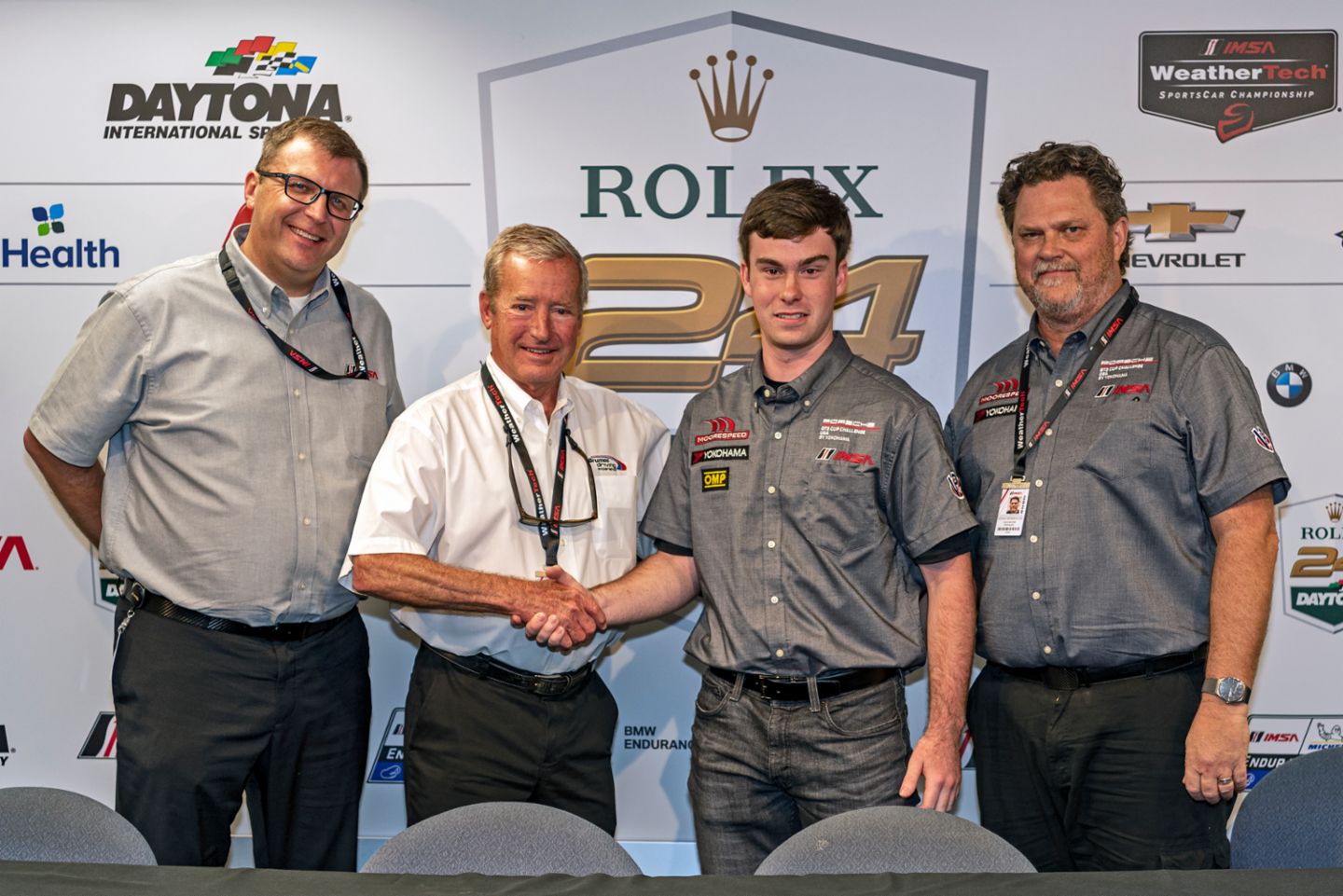 Riley Dickinson named the 2020 IMSA Hurley Haywood Scholarship Winner; John Doonan, IMSA; Hurley Haywood; Riley Dickinson; David Moore, Moorespeed, l-r, 2019, PCNA