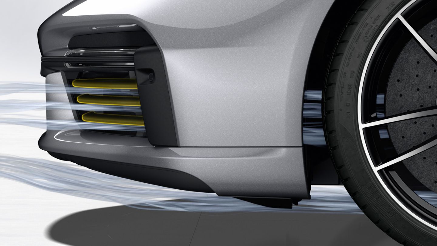 911 Turbo S, Porsche Active Aerodynamics (PAA), cooling air flaps open, 2020, Porsche AG