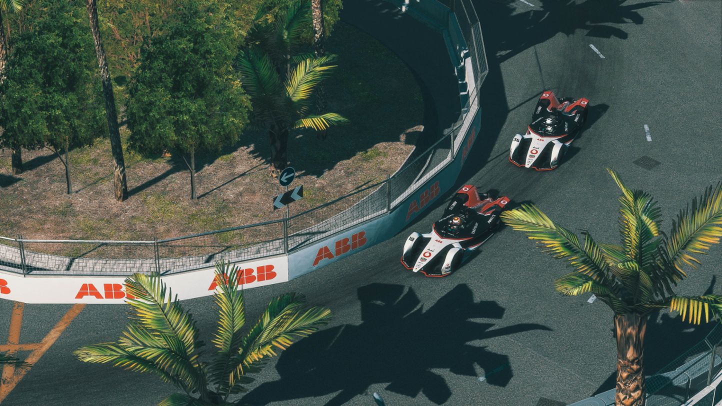 Neel Jani, Porsche 99X Electric #18, André Lotterer, Porsche 99X Electric #36, ABB FIA Formel-E-Meisterschaft, Race at Home Challenge, race 1, Hongkong, 2020, Porsche AG