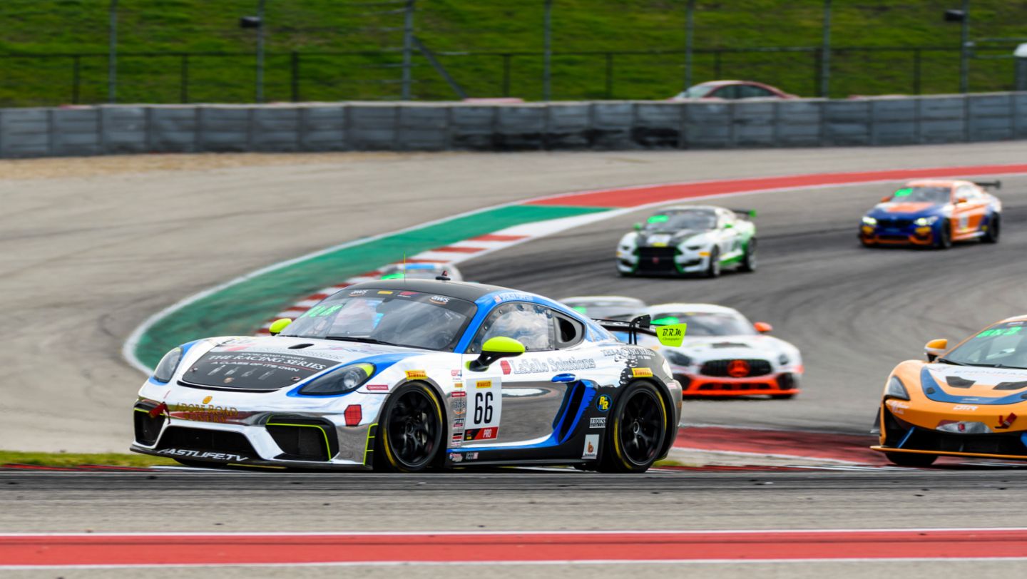 No. 66 TRG Porsche 718 Cayman GT4 Clubsport racing to second-place at COTA GT4 America Sprint Race 1, Austin, Texas, 2020 PCNA