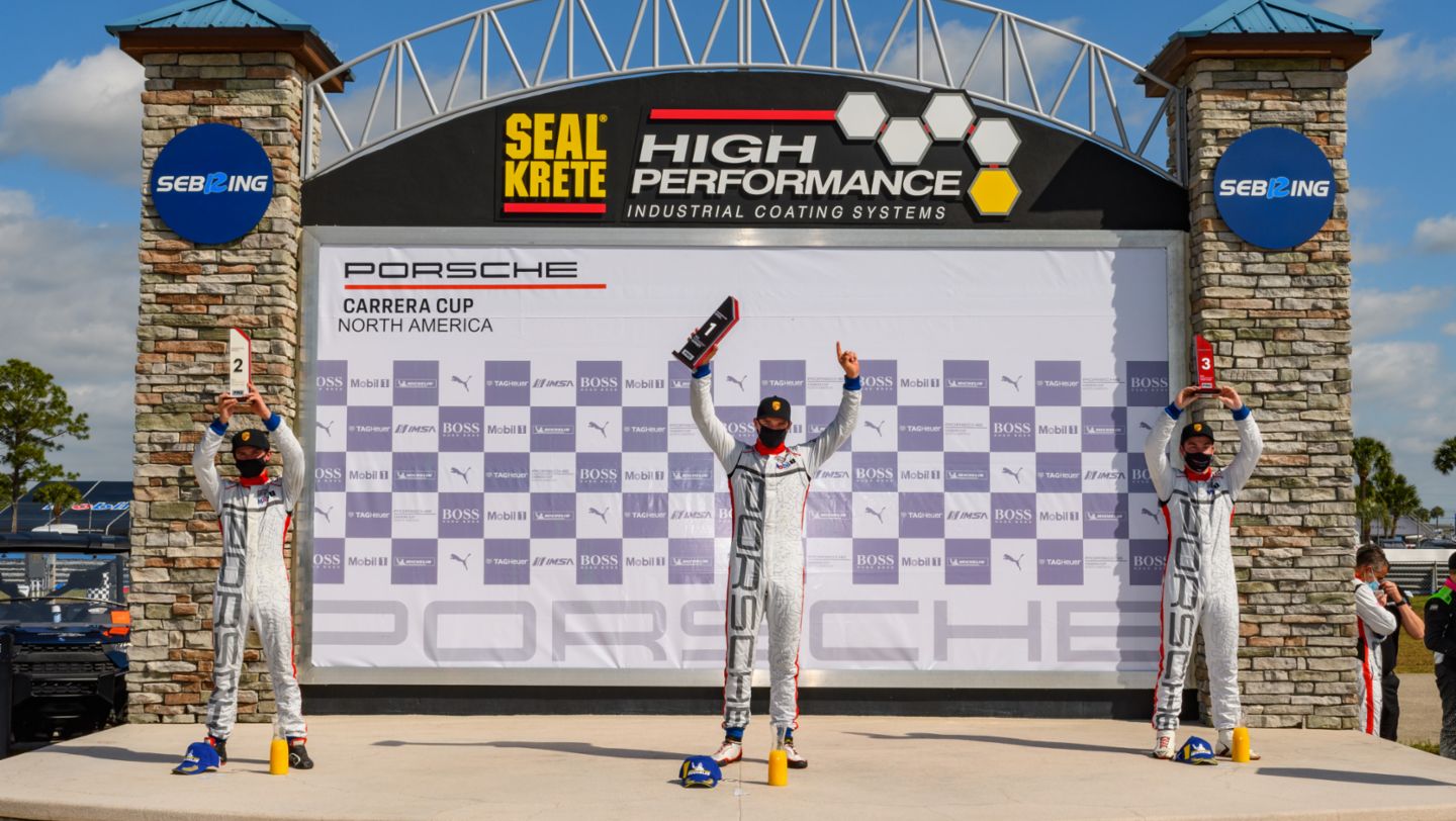 Porsche Carrera Cup NA - Sebring - Race 2 - Pro Podium - Seb Priaulx (UK) Kay van Berlo (Netherlands)- Riley Dickinson (USA), 2021, PCNA