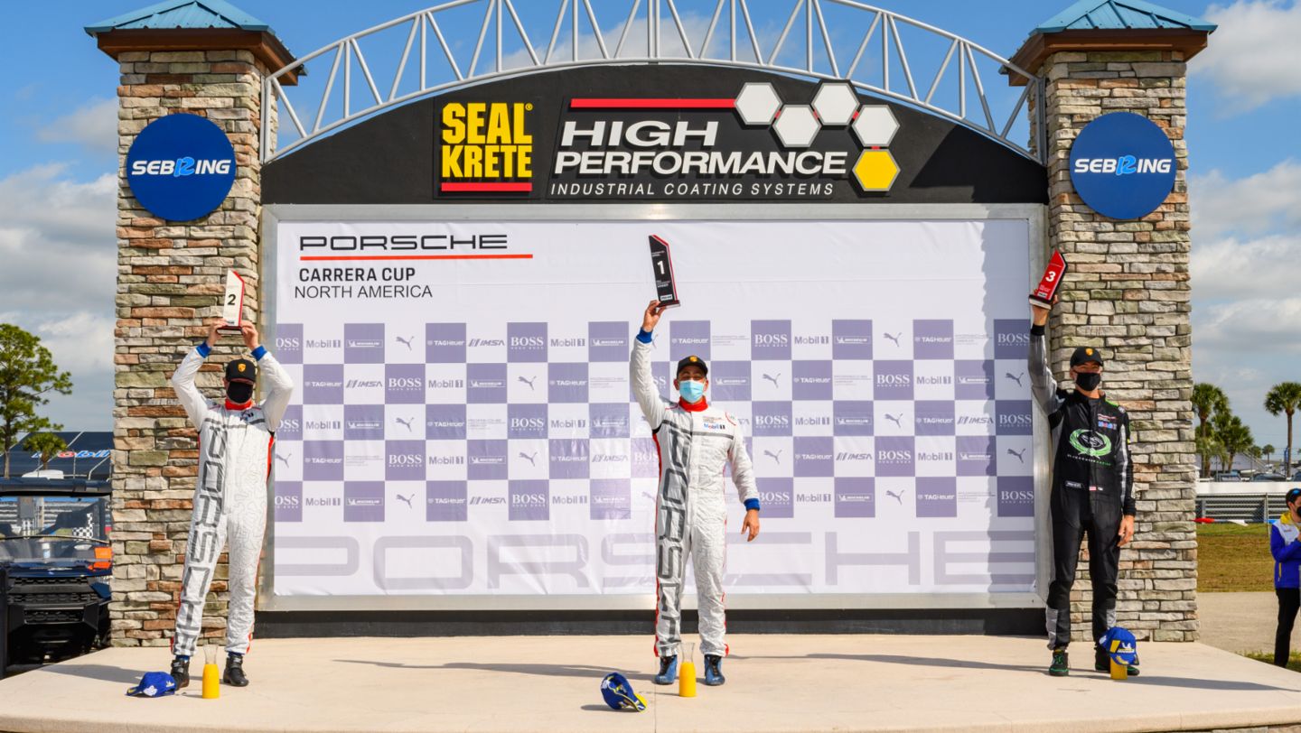 Porsche Carrera Cup NA - Sebring - Race 2 - Pro-Am Podium - (L-R) Tom Collingwood (CAN) - Alan Metni (USA) - Tim Pappas (USA), 2021, PCNA