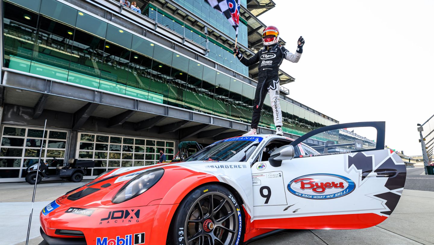 Porsche 911 GT3 Cup - No. 9 JDX Racing - Parker Thompson (CAN) - Race 2 Celebration, 2021, PCNA