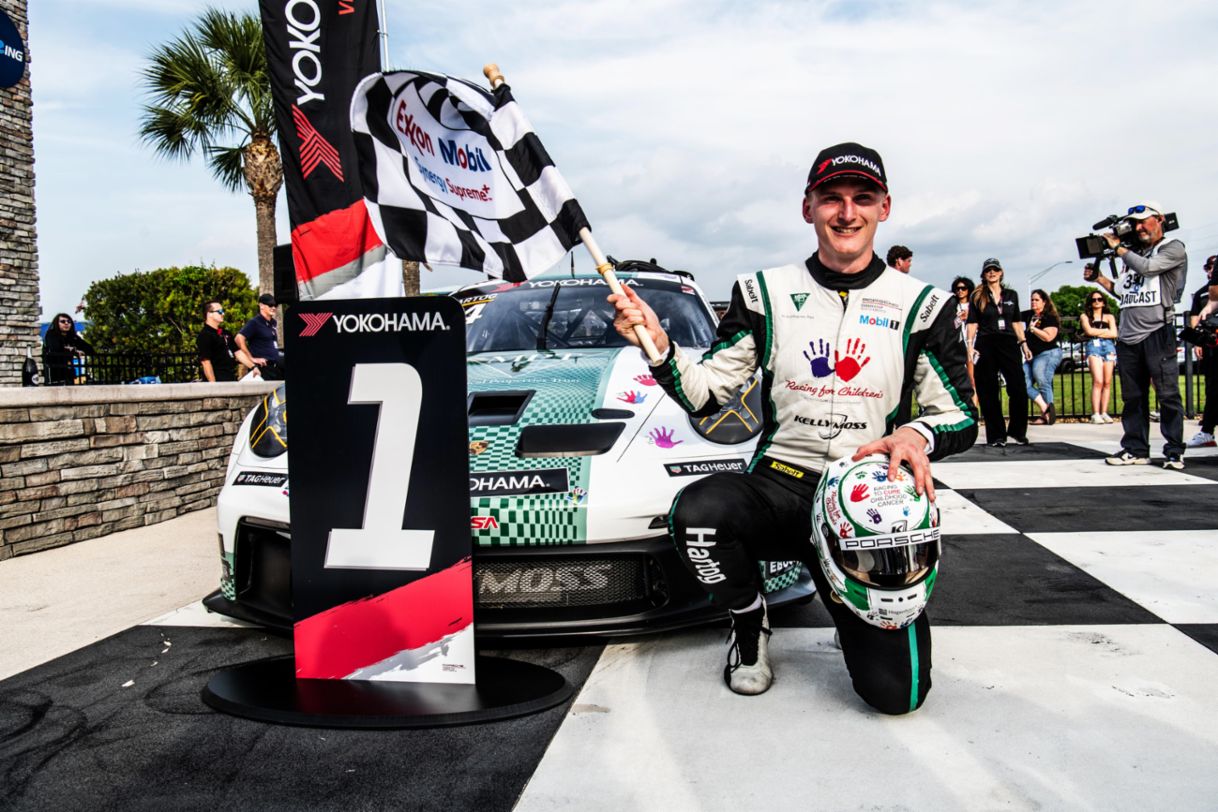 Sebring - PCCNA - Race 1 - Pro class winner - Loek Hartog - No. 24 Kellymoss Porsche 911 GT3 Cup - Victory Lane - Checkered Flag