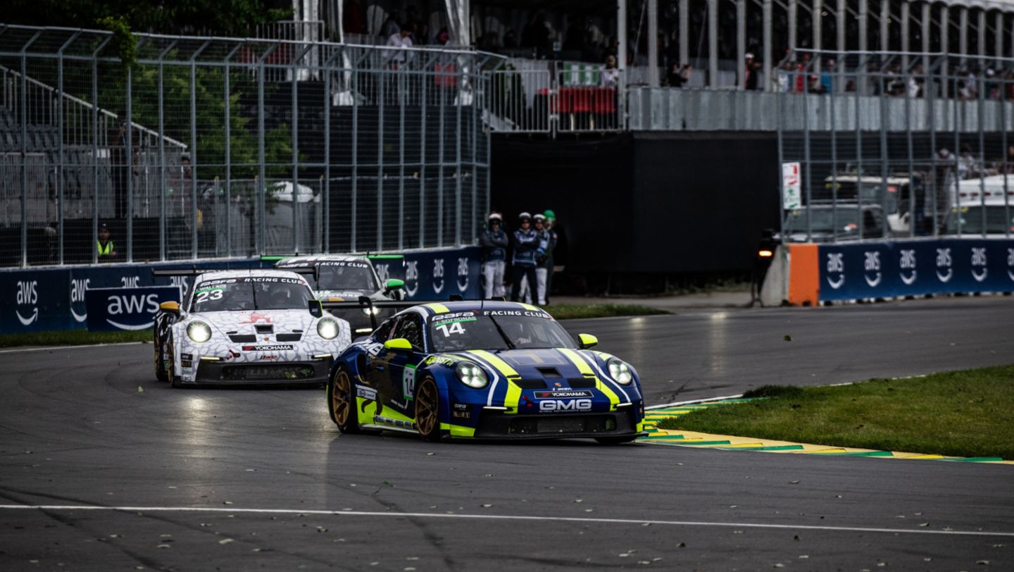 James Sofronas made a pass for the lead that eaned him the Pro-Am race one win at Montreal before rain red flagged the race