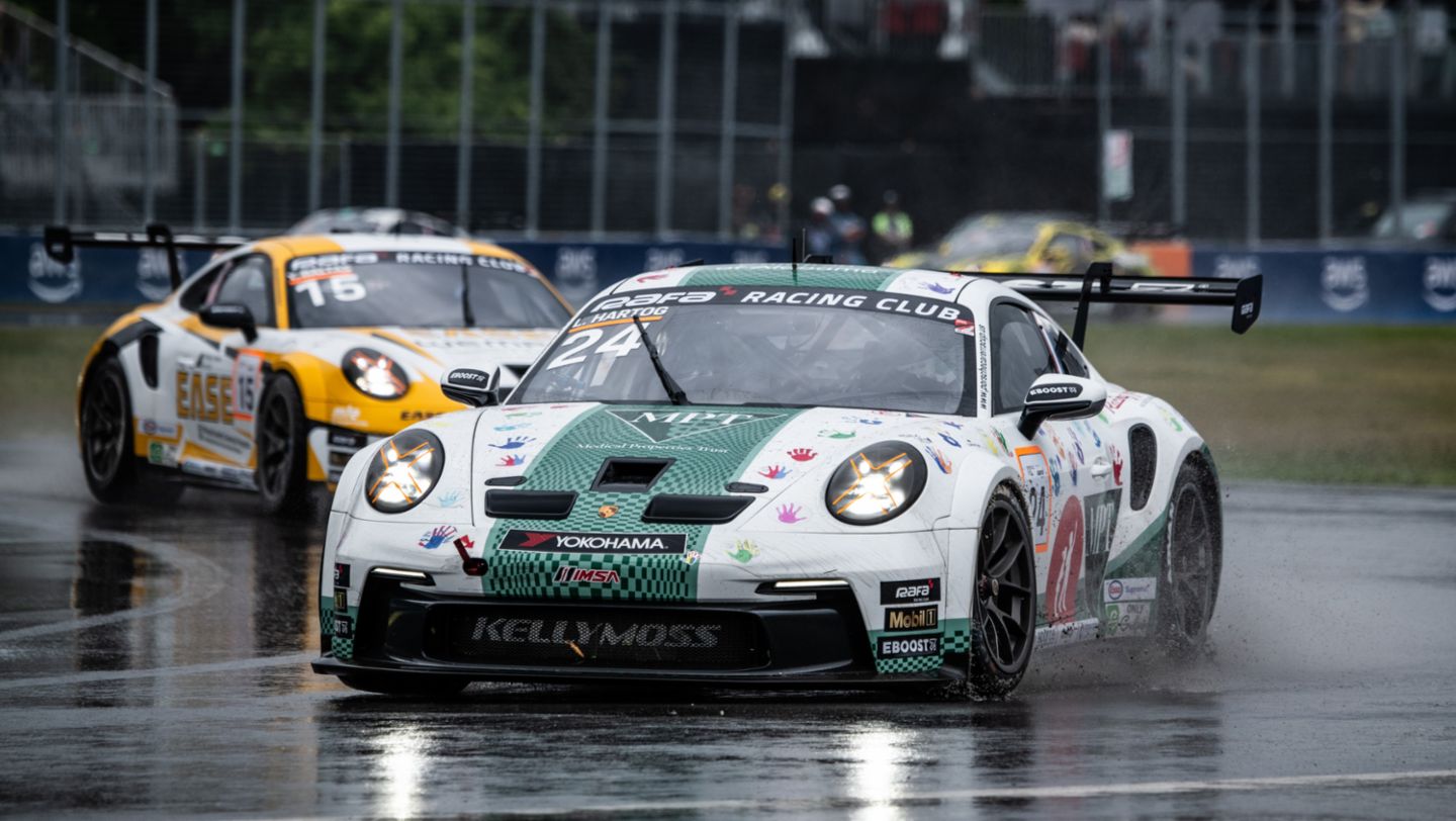 Loek Hartog fought off Yves Baltas to earn his third win of the year in the Kellymoss Porsche 911 GT3 Cup car