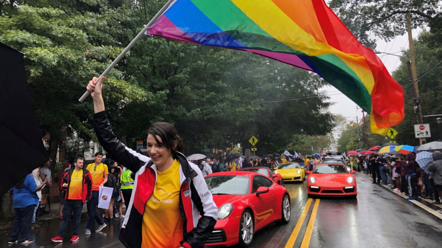 911 Carrera S, 718 Boxster GTS, 911 Targa 4S, 911 Turbo S Cabriolet, l-r, Atlanta Pride Parade, 2019, Porsche AG