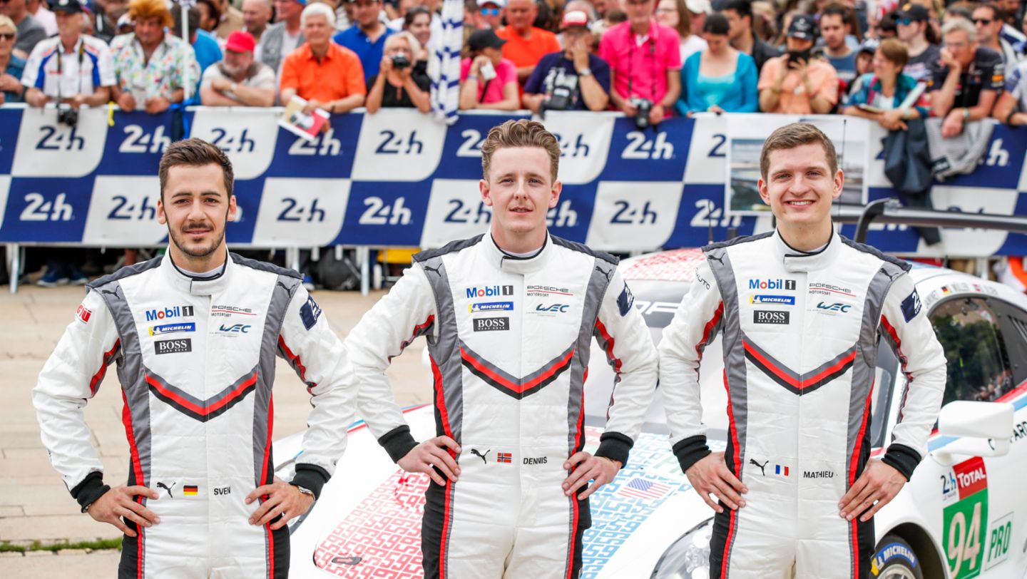 Sven Müller (D), Dennis Olsen (N), Mathieu Jaminet (F), l-r, 911 RSR (94), scrutineering, FIA WEC, Le Mans, 2019, Porsche AG