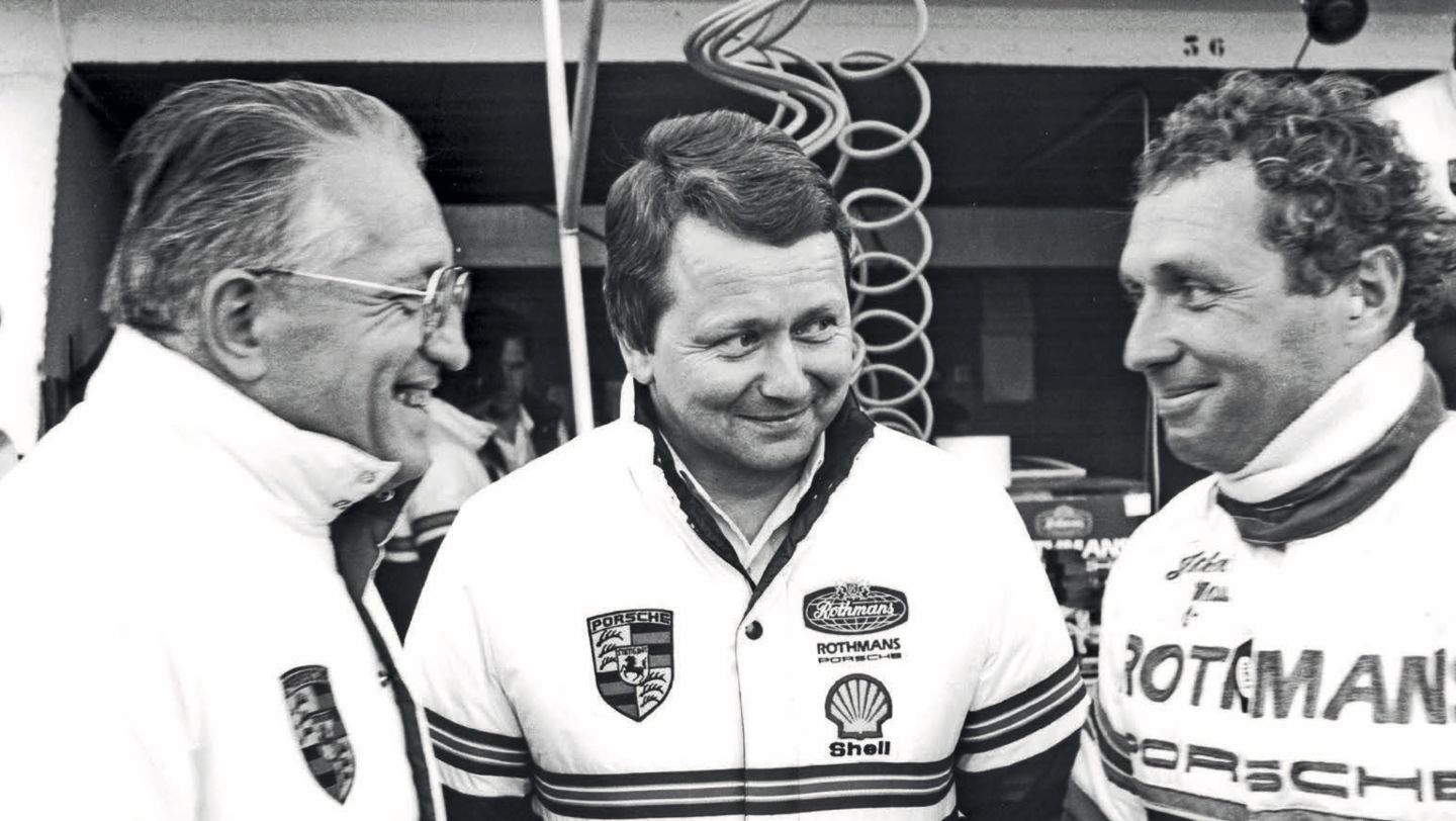 Helmuth Bott, Dr. Wolfgang Porsche, Jochen Mass, l-r, Le Mans, 1982, Porsche AG