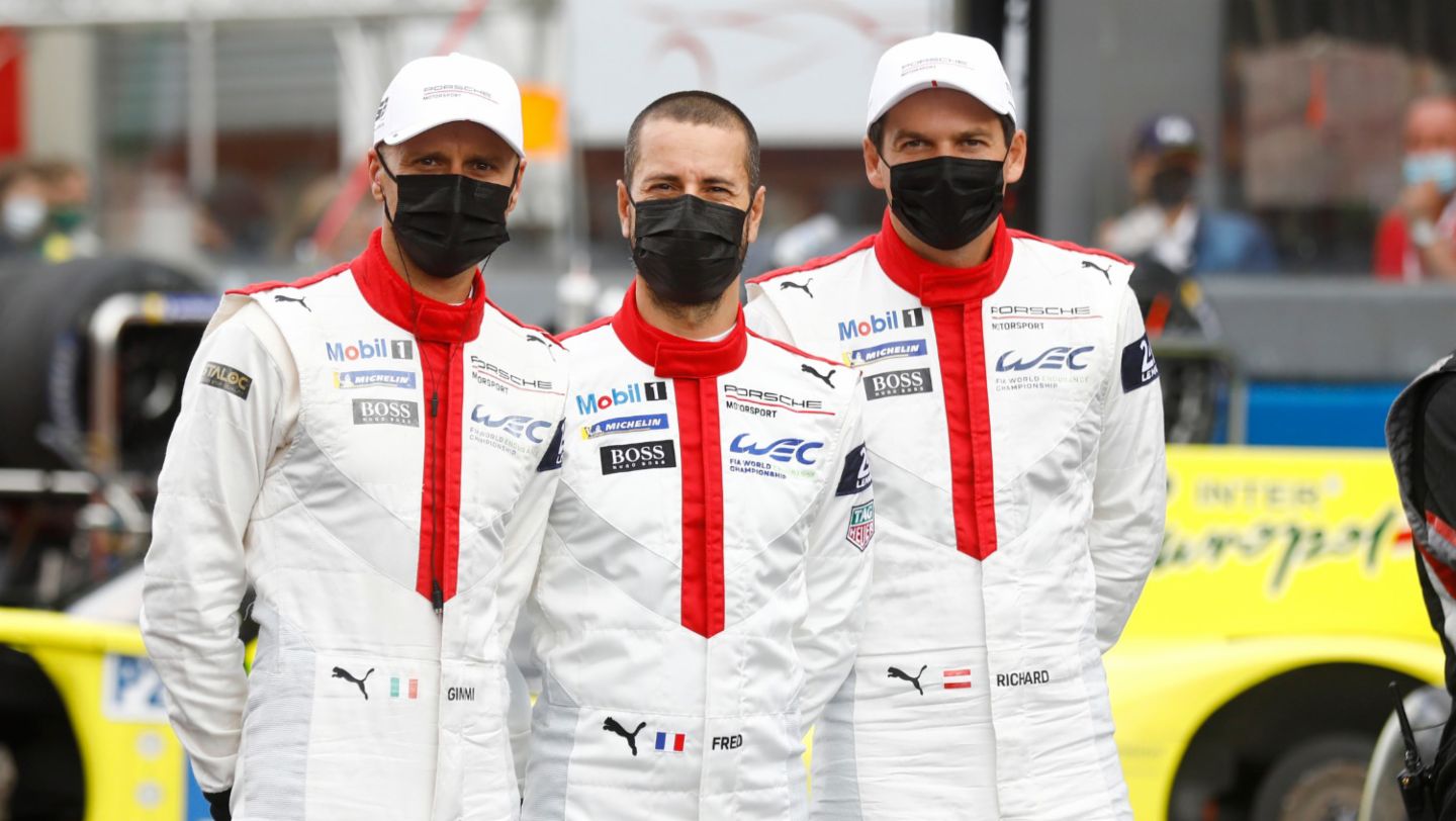 Gianmaria Bruni, Frédéric Makowiecki, Richard Lietz, l-r, 24 Stunden von Le Mans, 2020, Porsche AG