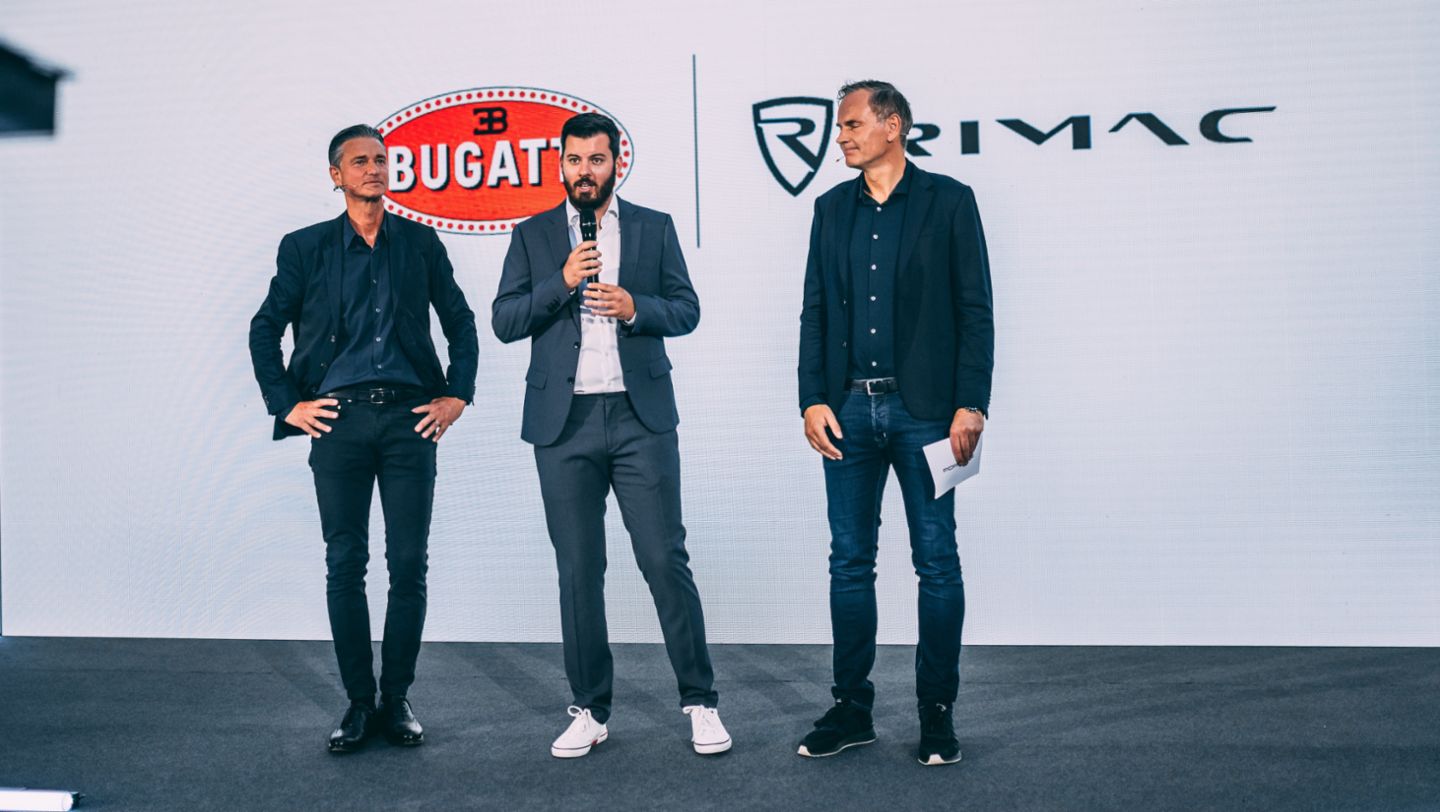 Lutz Meschke, Mate Rimac, Oliver Blume, l-r, Dubrovnik 2021, Porsche AG