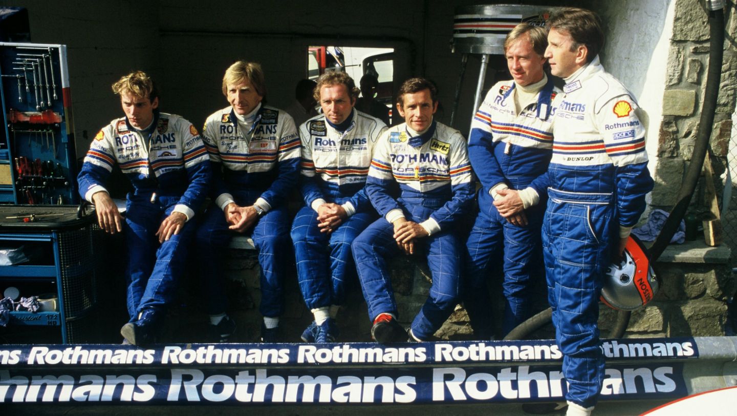 Stefan Bellof, Derek Bell, Jochen Mass, Jacky Ickx, Vern Schuppan, John Watson (l-r), 1000 km Spa, 1984, Porsche AG
