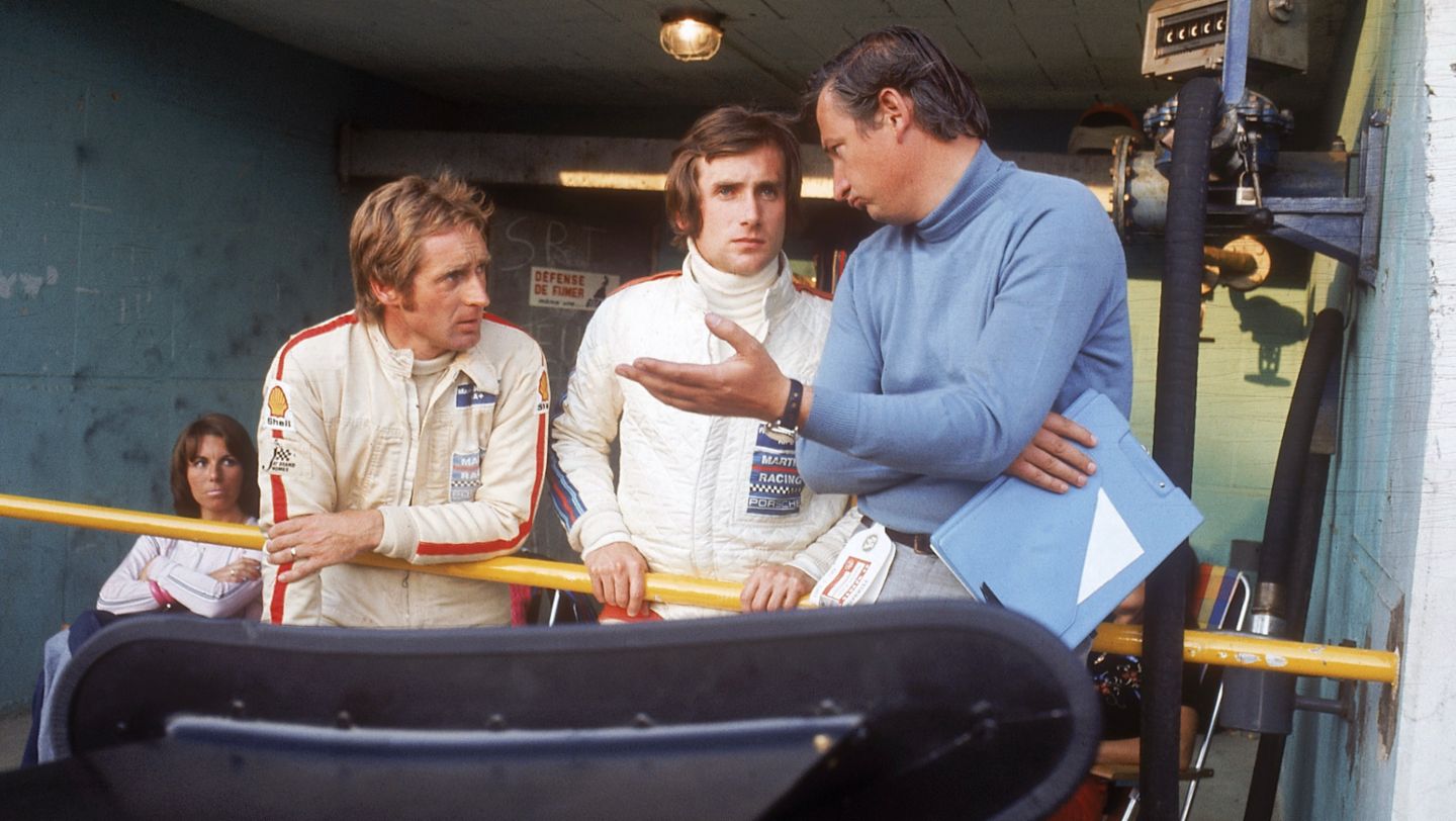 Manfred Schurti, Helmut Koinigg, Norbert Singer, l-r, Le Mans, 1974, Porsche AG