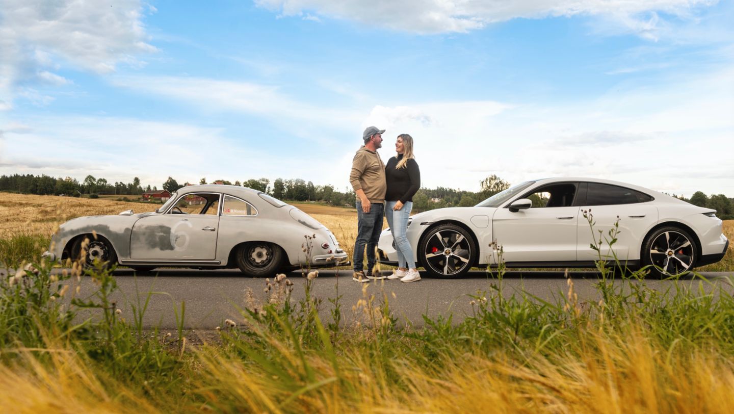 Ann-Mari and Martin Sundvoll-Noreng, 356 Coupé (1959), Taycan 4S, Norway, 2021, Porsche AG