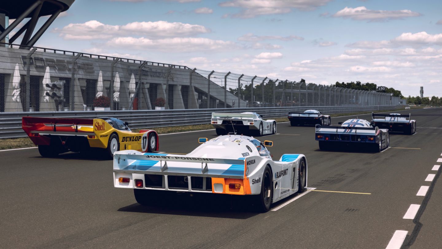 962-015 Blaupunkt LH (1990) (hinten rechts), 962-009 Shell Dunlop Design KH (1987) (hinten links), 962-006 LH (1987) (mitte rechts), 962-001 IMSA LH (1984) (mitte links), 956-005 KH (1983) (vorne rechts), 956-002 LH (1982) (vorne links), 2022, Porsche AG