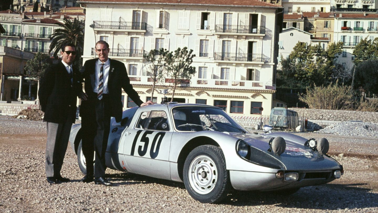 Rolf Wütherich, Peter Falk, l-r, Porsche Type 904, Rally Monte Carlo, 1965, Porsche AG