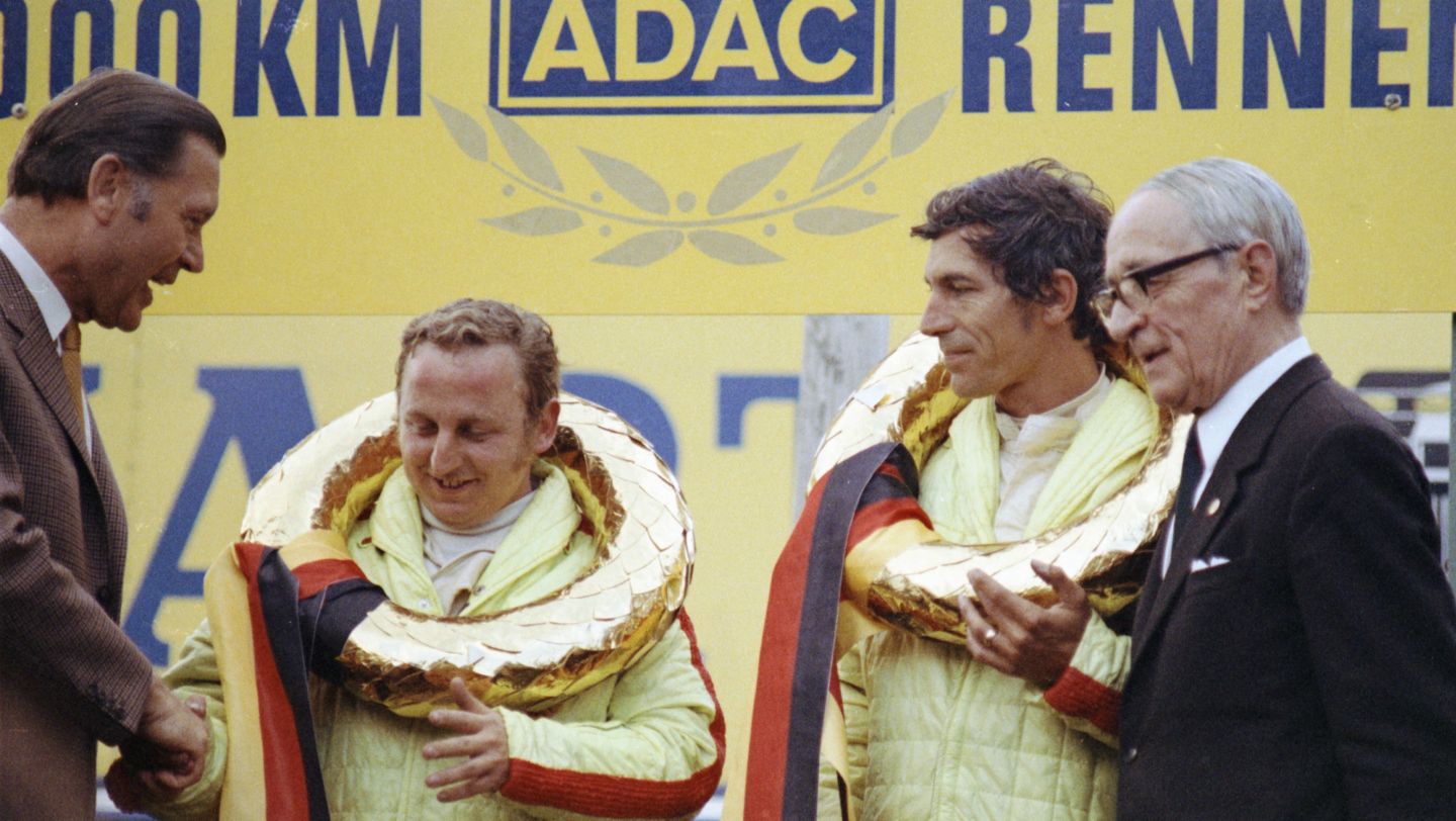 Kurt Ahrens jr., Vic Elford, l-r, Nürburgring, 1970, Porsche AG