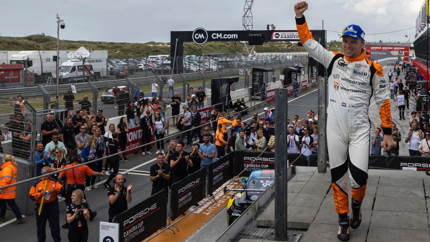 Podium: Max Mayer, Bastian Buus (DK), Allied Racing, Larry ten Voorde (NL), Team GP Elite, Laurin Heinrich (D), SSR Huber Racing, l-r, round 8, Porsche Carrera Cup Deutschland, Zandvoort, 2022, Porsche AG