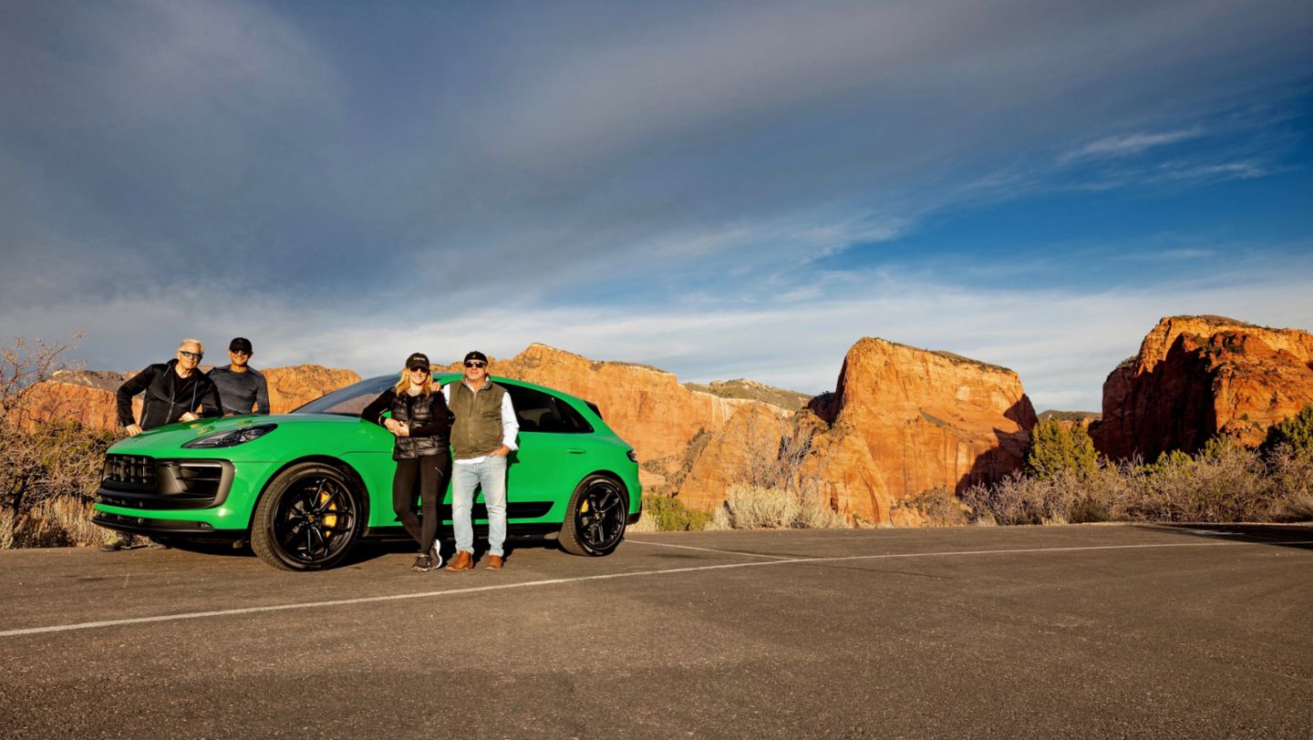 Photographer Michael Alan Ross, author Basem Wasef, manager Darcy Tunt, and Gordon Huether (l-r), Macan GTS, Zion National Park, Utah, USA, 2022, Porsche AG
