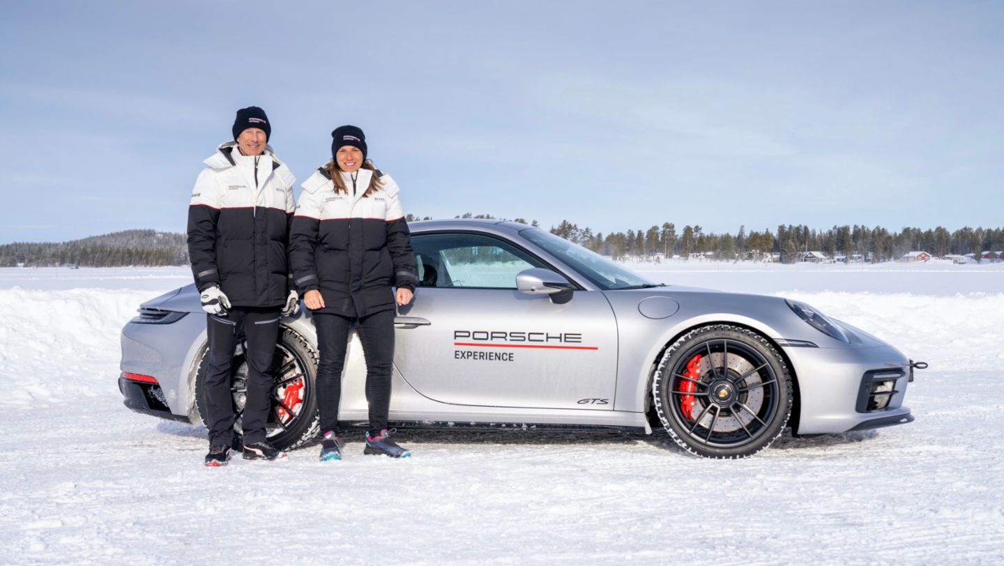 Simona De Silvestro, Ingemar Stenmark, l-r, 911 Carrera 4 GTS, Porsche Ice Experience, Sweden, 2022, Porsche AG